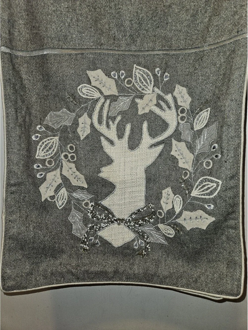 Ridgefield Home Reindeer Leaf 16 X 72 Table Runner Christmas Gray White Beaded